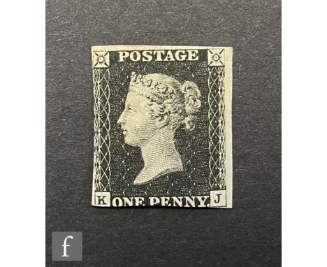 An 1840 1d black K-J, two margins, of superficially unused appearance, hinge residue to the reverse, together with a 1d red p