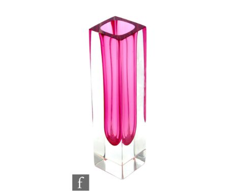 A post war Murano glass vase, of square section, internally decorated with a magenta core and heavily cased in clear crystal,