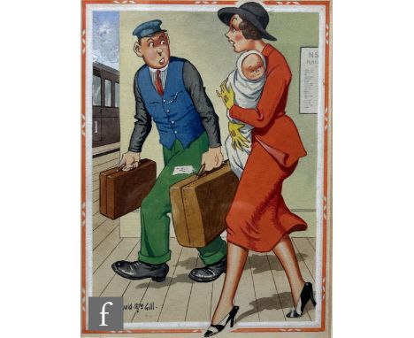 DONALD MCGILL (1872-1962) - An original pencil and gouache postcard illustration, 'First or third, Mum? Well, it ain't mine a