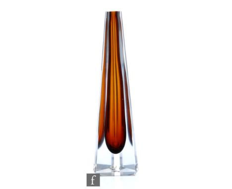 A post war Kosta sommerso glass vase circa 1951 by Vicke Lindstrand, of pyramid form with canted corners, the amber core case