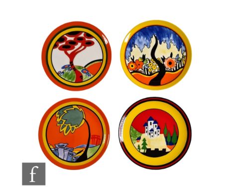 Four Wedgwood Clarice Cliff Bradford Exchange wall plates decorated in the Blue Lucerne, Garden Blue, Monsoon and Red Tree pa