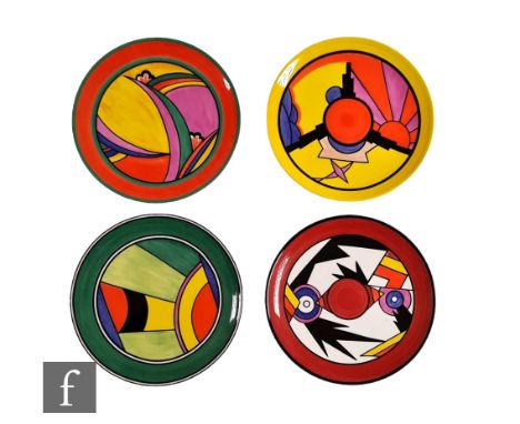 Four Wedgwood Clarice Cliff Bradford Exchange plates decorated in the Lightning, Sunray, Comets and Jupiter patterns, all wit