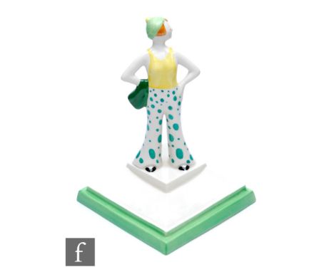 A boxed Wedgwood Clarice Cliff hand painted Lido Lady in green, from 1931, printed marks, height 17cm. 