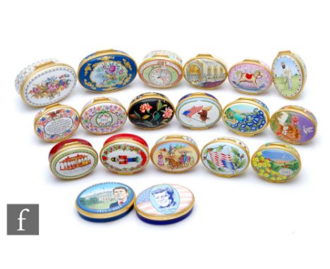 Nineteen assorted Halcyon Days Enamel pill or trinket boxes to include designs for the San Francisco Opera, John F Kennedy, R