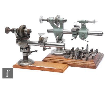 A Pultra watch maker's lathe with collets and tools, on an oak plinth base, width 24cm, and a Wolf Jahn 8mm German lathe, on 
