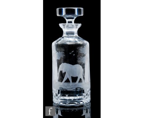 A 20th Century Rowland Ward clear crystal decanter, of shouldered cylinder form with facet cut shoulder details, the body wit