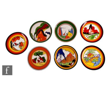 Seven assorted Wedgwood Clarice Cliff Bradford Exchange wall plates decorated in the Orange House, Poplar, Farmhouse, Fantasq
