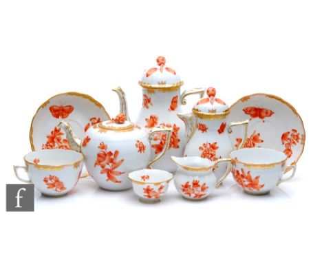 A Herend&nbsp;Chinese Bouquet or Apponyi pattern cabaret set comprising coffee pot, teapot, two cups and saucers, hot water p