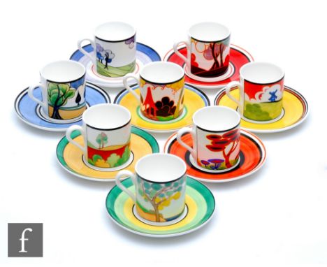 Eight Wedgwood Clarice Cliff coffee cans and saucers decorated in the May Avenue, Blue Firs, Summerhouse, Secrets, Autumn, Re