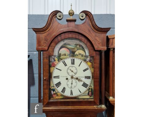 A 19th Century inlaid oak and mahogany longcase clock by Fisher West Bromwich, eight striking movement with moon phase enclos