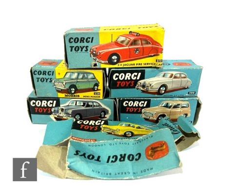 Six empty Corgi boxes for 205 Riley Pathfinder Saloon, 206 Hillman Husky, 213 2.4 Jaguar Fire Service Car, 226 Morris Mini-Mi