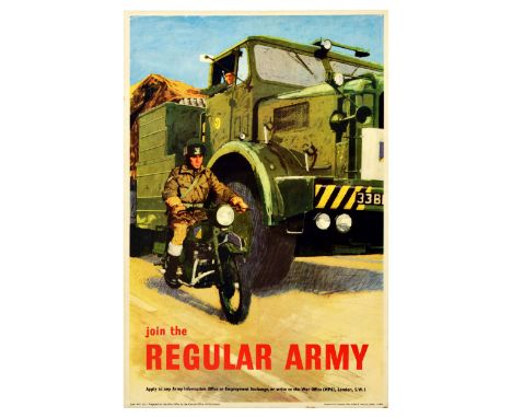 Join the Regular Army - an original 1950s military recruitment poster,depicting a soldier on a Triumph TRW riding alongside a