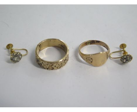 A Mizpah gilt ring size R, a gilt signet ring and a pair of 9ct screw back earrings - total weight approx 7.7 grams 