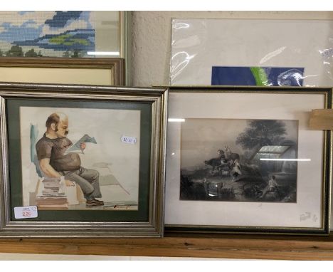 WATERCOLOUR OF MAN READING A NEWSPAPER TOGETHER WITH PRINTS