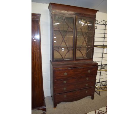 19TH CENTURY MAHOGANY SECRETAIRE BOOKCASE, THE FALL FRONT WITH FITTED INTERIOR PLUS THREE DRAWERS OVER OGEE FEET WITH ASTRAGA