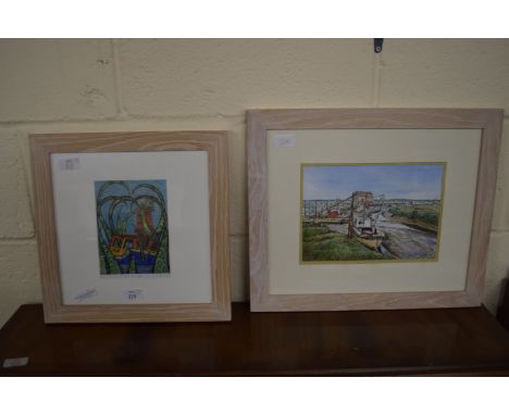 TWO PRINTS OF NORFOLK SCENES BY ROBERT CHAPLIN INCLUDING ABANDONED CLEY MILL AND ONE OF A FISHING BOAT BOTH IN WOODEN FRAMES