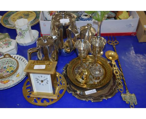 METAL WARES, BRASS TRIVET, BRACKET CLOCK, STAINLESS STEEL TEA POT, HOT WATER JUG  ETC