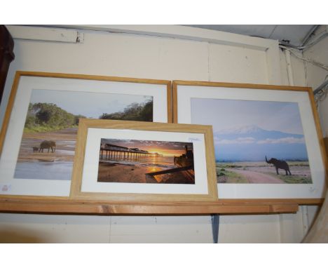 TWO PICTURES OF ELEPHANTS IN WOODEN FRAMES AND A PRINT OF SUNRISE ON SOUTHWOLD PIER