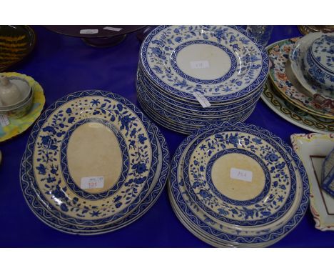 DINNER SERVICE , MAINLY BLUE AND WHITE, DINNER PLATES, SIDE PLATES, SERVING DISHES, SOME IMPRESSED WORCESTER