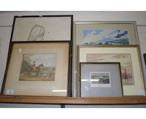 HUNTING PRINTS, FISHING FLEET SCENE, SIGNED ARNOLD, AND WOOL WORK PICTURE ETC