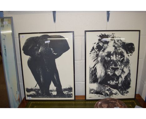 PAIR OF SCREEN PRINTS OF AN ELEPHANT AND A LION