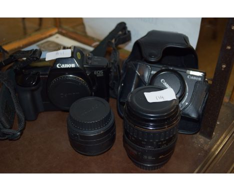 MIXED LOT OF CAMERAS TO INCLUDE A CASED CANON POWERSHOT G5 5MGPXL CAMERA AND A CANON E05650 AND LENSES