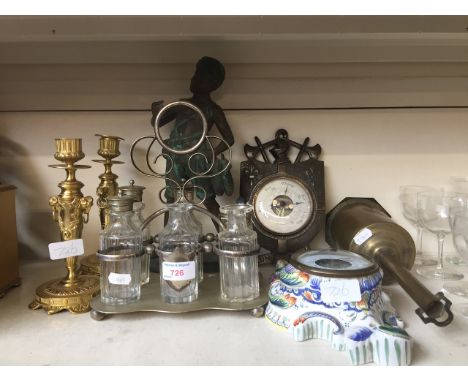 BOTTLE JACK, FIGURE, CLOCK, BAROMETER, CANDLESTICKS AND CRUET SET