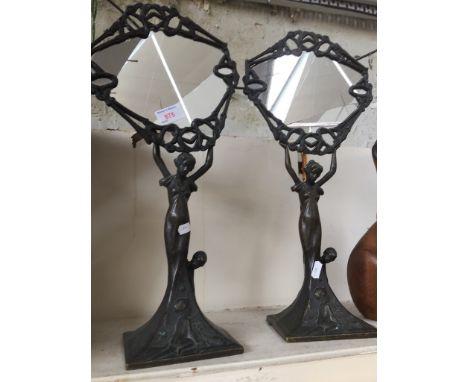 PAIR OF REPRO ART NOUVEAU STYLE FIGURE MIRRORS - ONE BROKEN  