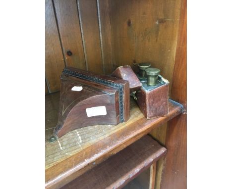 BRASS INLAID MAHOGANY BRACKET AND TWO BOTTLES IN A CASE