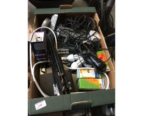 BOX OF ELECTRICAL ITEMS, LIGHT BULBS, FREEVIEW BOX