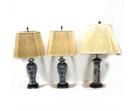 Pair table lamps, Chinese vases, blue and white with famille rose, with shades, similar lamp with waisted vase. (3)