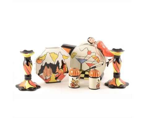 A collection of Lorna Bailey, Clarice Cliff inspired ornamental china, including limited edition teapot with cocktails and mo