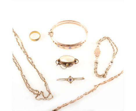 A box of rose gold and rose metal jewellery, chain necklaces, half hinged bangle, bar brooches, padlock fastener, tassel, T b