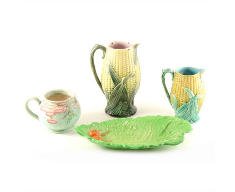 A Clarice Cliff Crocus Bizarre bowl, Carlton Ware leaf design gravy boat and saucer, and lettuce leaf shallow bowl, two sweet