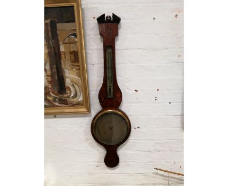 Victorian mahogany barometer, architectural pediment, boxwood and ebony strung outlines with shell and floral inlay, silvered