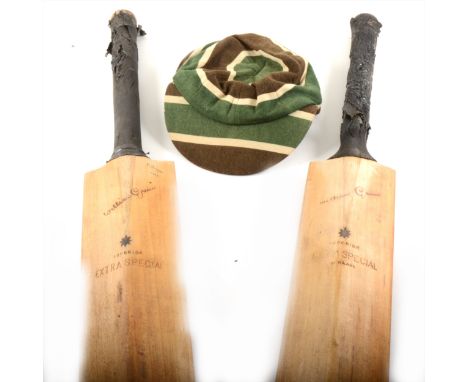 Cricket: Vintage cricket bats, cricket balls, etc., in a leather cricket bag, together with a Club blazer, ties, etc.