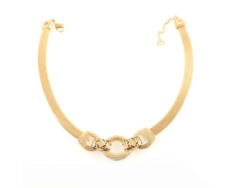 Christian Dior - a mesh necklace, with a clear rhinestone and black enamel accents centre design, 'D' motif terminals, lobste