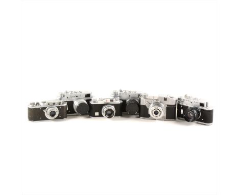 Six vintage 35mm cameras; Zorki 1 with f=5cm lens, two Zorki 4 with Jupiter lenses, Zorki 4K with Jupiter lens, Halina 35X wi