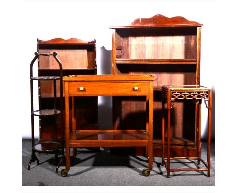 A Chinese hardwood stand, square top, scrolled apron, width 34cm; stained walnut standard lamp; three-tier folding cake stand