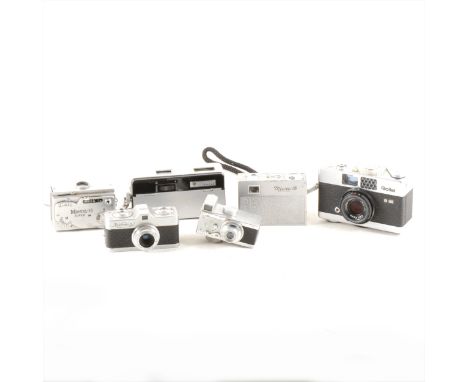 Vintage miniature and 35mm cameras, six including Rollei B35, Mikroma Mamiya 16 Super, Mamiya 16 deluxe, Whittaker Micro 16, 