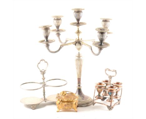 An electroplated five-light candelabra, 46cm; a Victorian circular salver; candlesticks, and other plated wares.