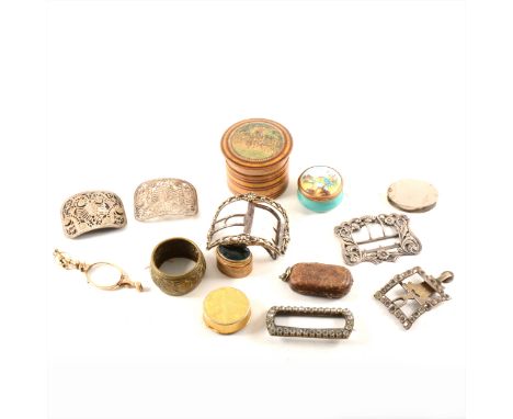 Gilt metal lorgnette, buckles, plaques, Sovereign case, etc.