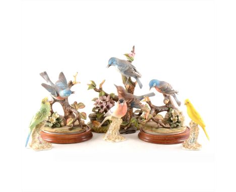 Three Royal Worcester bird models, Budgerigar, Chaffinch and Yellow Hammer, 17cm; and three Capodimonte style bird models. (Q