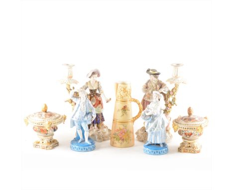 A Royal Worcester ewer, floral decoration on a blush ivory ground, No.1047, 21cm; a pair of Derby campana pot-pourri urns; a 