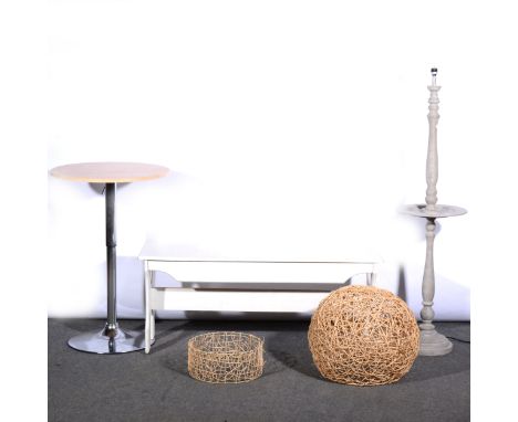 A contemporary coffee bar table, oak finish melamine top, chrome base, diameter 60cm; a modern painted standard lamp; a paint