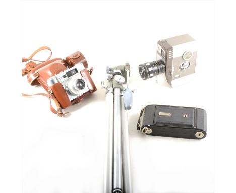 Vintage 35mm and other cameras with acessories; including two Praktica BMS with f=50mm lens, Carl Zeiss Jena f=135mm lens, th