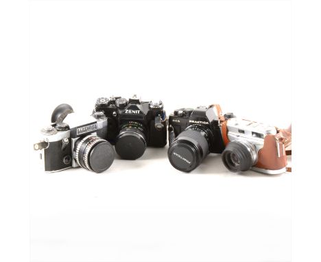 Vintage 35mm and folding cameras, two boxes including Praktica Super TL, Zenit 11, two Kodak Pocket cameras, Anette II, selec