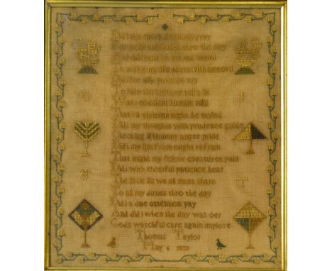A Victorian needlework sampler, Thomas Taylor, May 6th 1839, with a poetic text,rosewood frame, 45cm x 39cm.