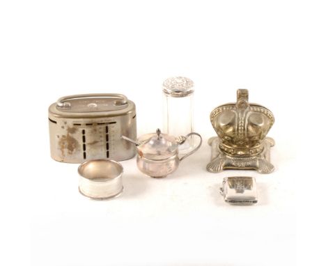 A silver vesta case Chester 1916, plain polished finish with a crest depecting a deer, silver engine turned napkin ring with 