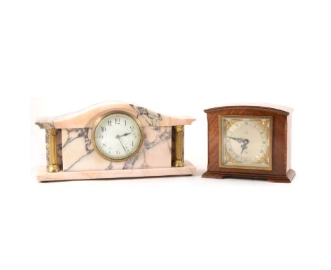 Two mantel clocks, a French pink veined marble clock with arabic dial and free-standing gilt pillars, 30cm wide,15cm high, an